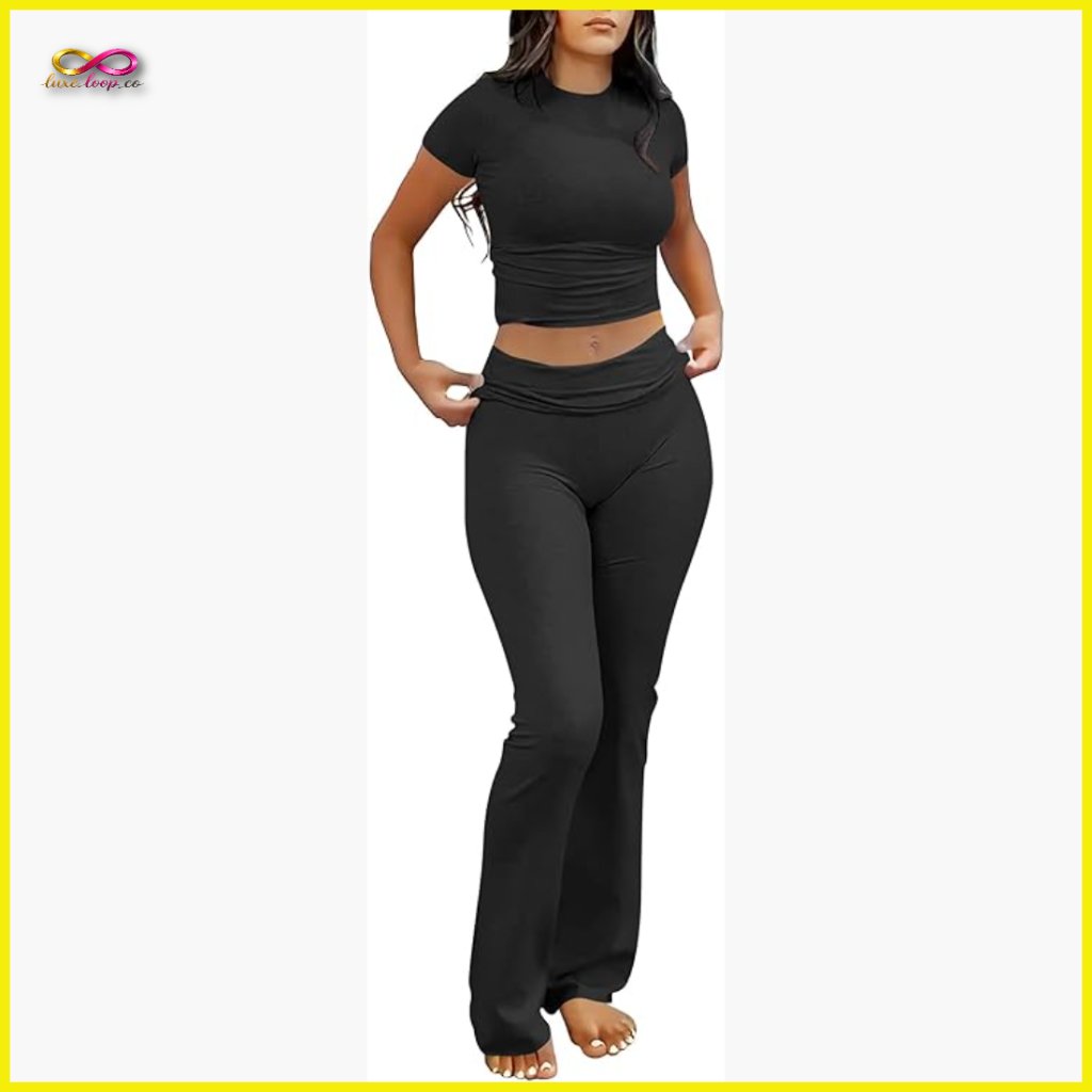 Two Piece Lounge Set Foldover Flare Leggings Cropped Top Y2k Casual